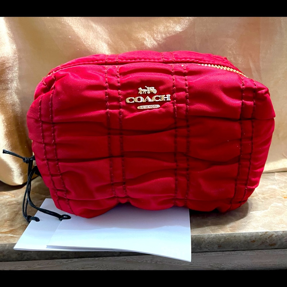 NWT Coach red ruched nylon cosmetic/multi-purpose zippered pouch.